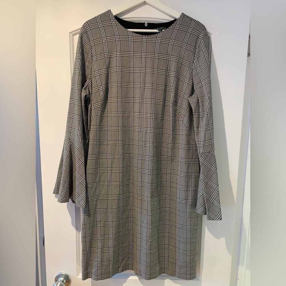 Lauren Ralph Lauren Dress Black White Checkered Size 18 Flared Sleeves.